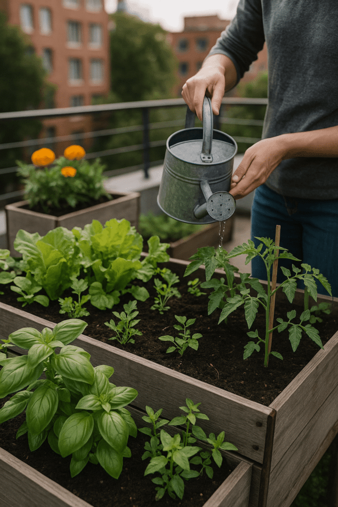 Beginner watering a raised balcony garden with herbs and vegetables in an urban setting
