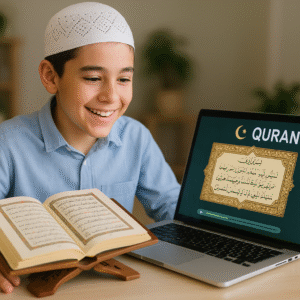 “Smiling Muslim boy learning Quran online using a laptop, with an open Quran placed in front of him”