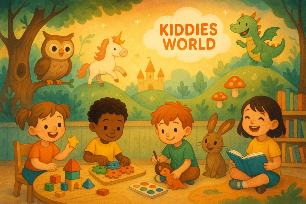 Kiddies world-Illustration of happy children learning through play