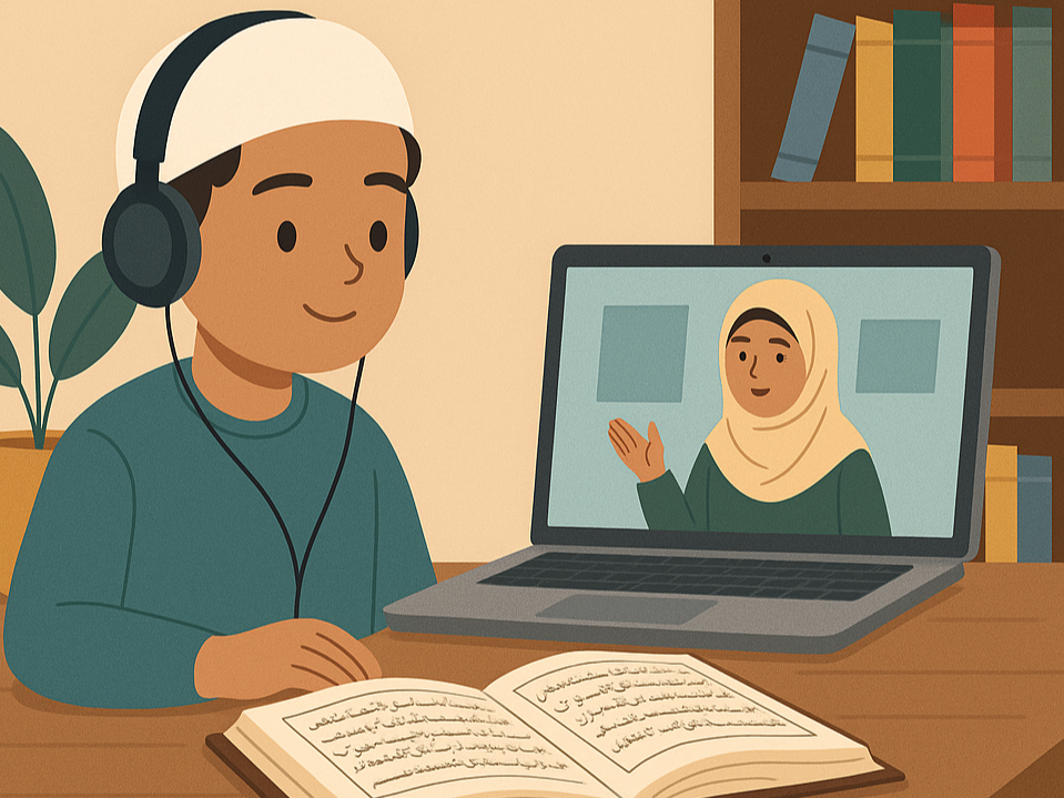 Muslim boy attending online Quran class with Quran and teacher on screen.